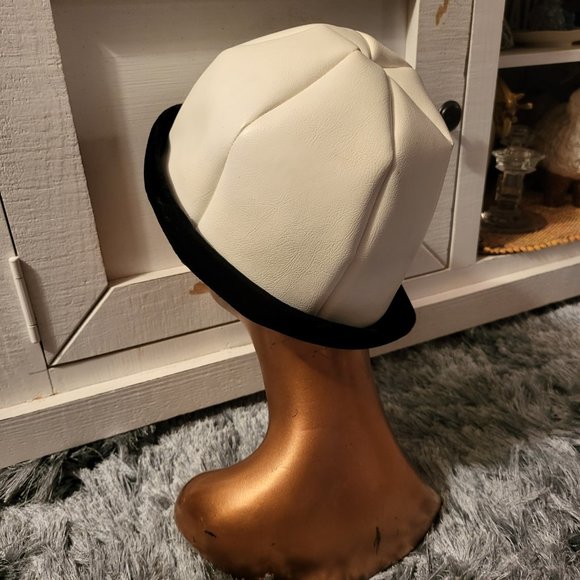 Vintage Woman's Hat/Cap/Fedora in White Faux Leather Black Faux Fur ~Union Made - Picture 2 of 11